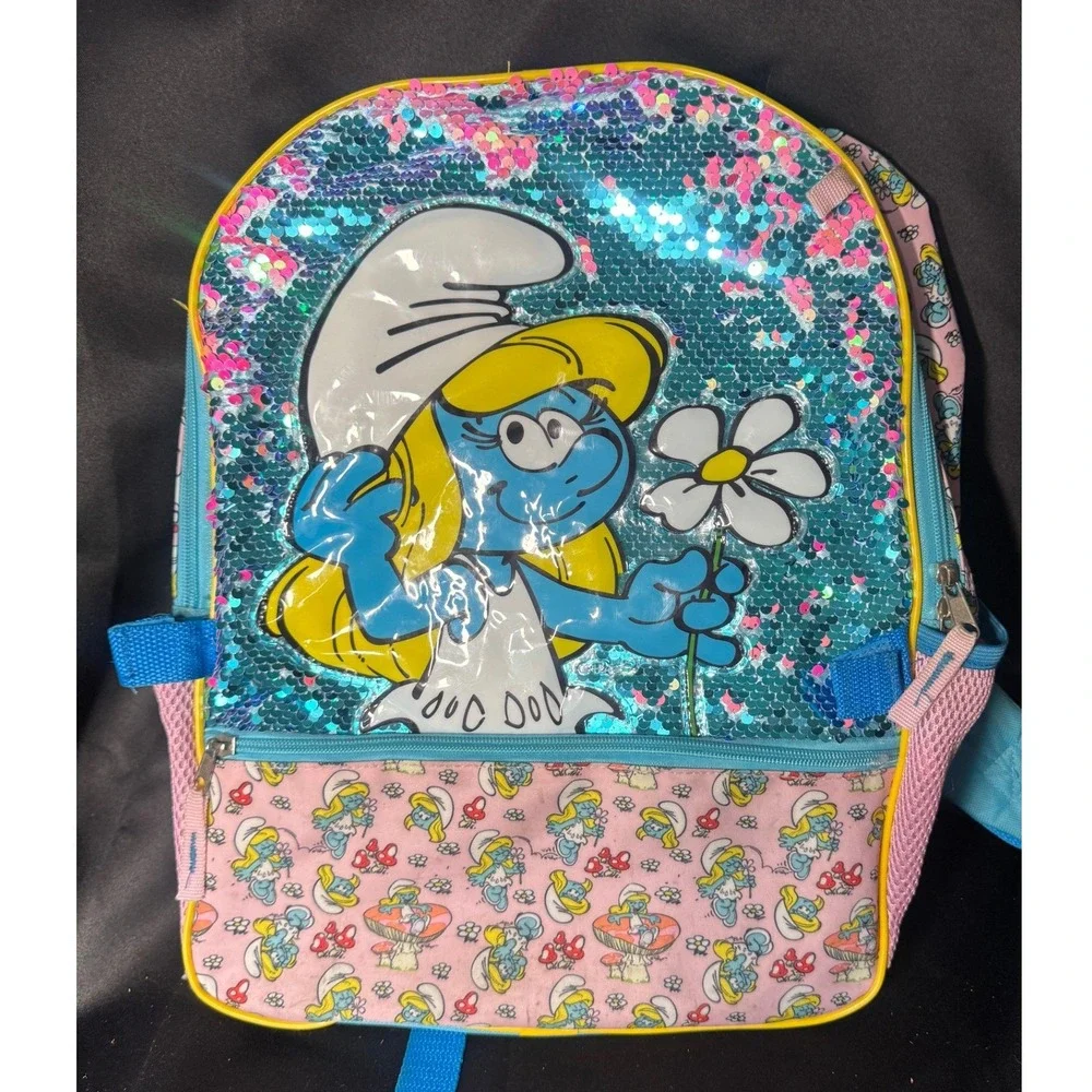 The Smurfs Smurfette Sequin Backpack and Pencil Pouch Set Pink Blue Kids School